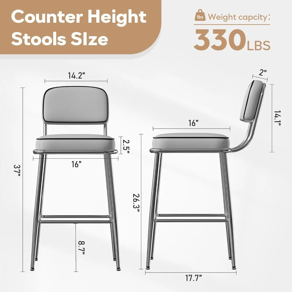 Juego de 2 taburetes de bar modernos con altura de mostrador, 26 polipiel gris con patas de metal plateado, reposapiés, cocina, isla, comedor C