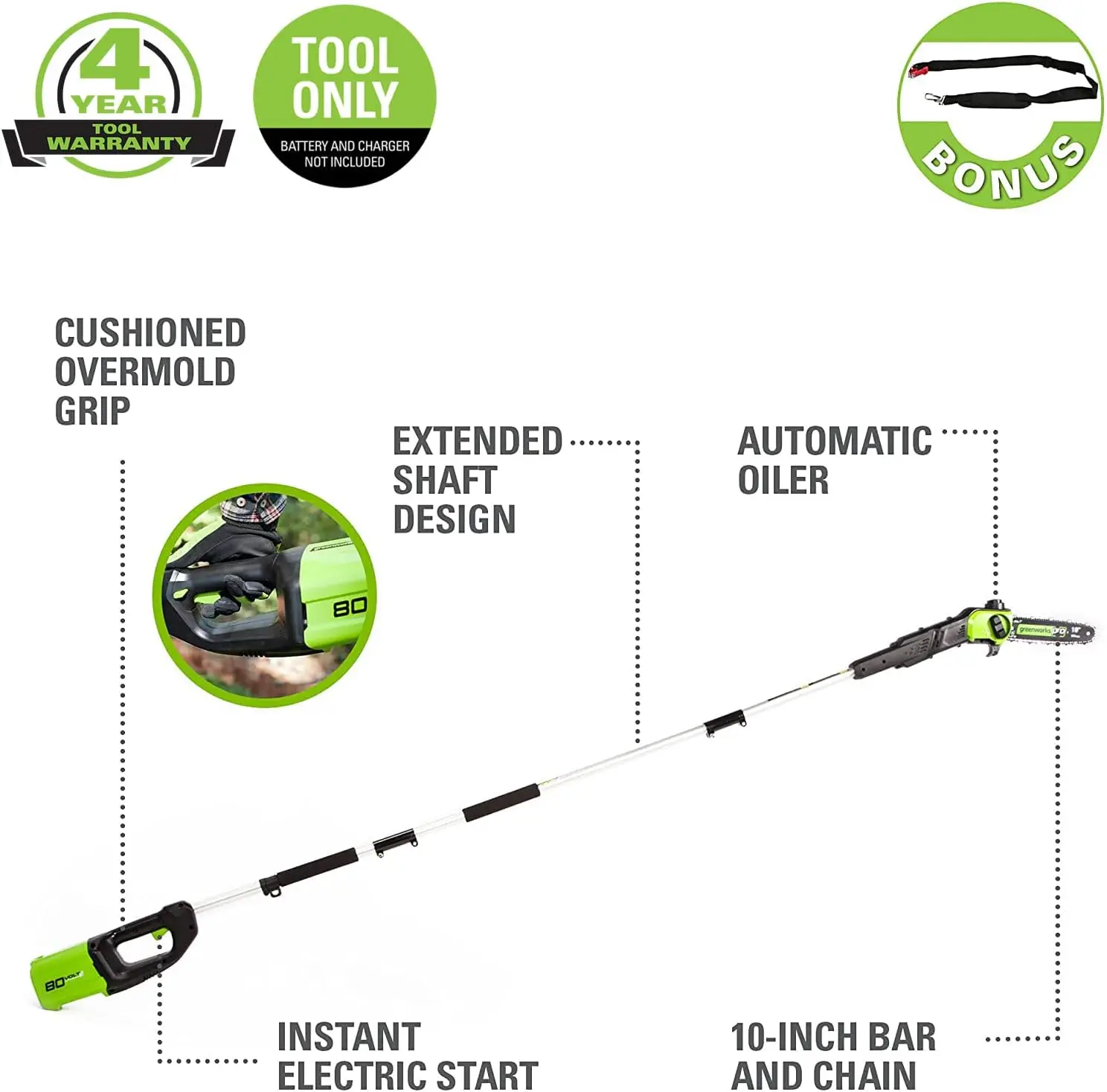 Tronçonneuse sans fil, 80V, 10 ", idéale pour l'élagage et la coupe de branches, plus de 75 outils compatibles, outil uniquement