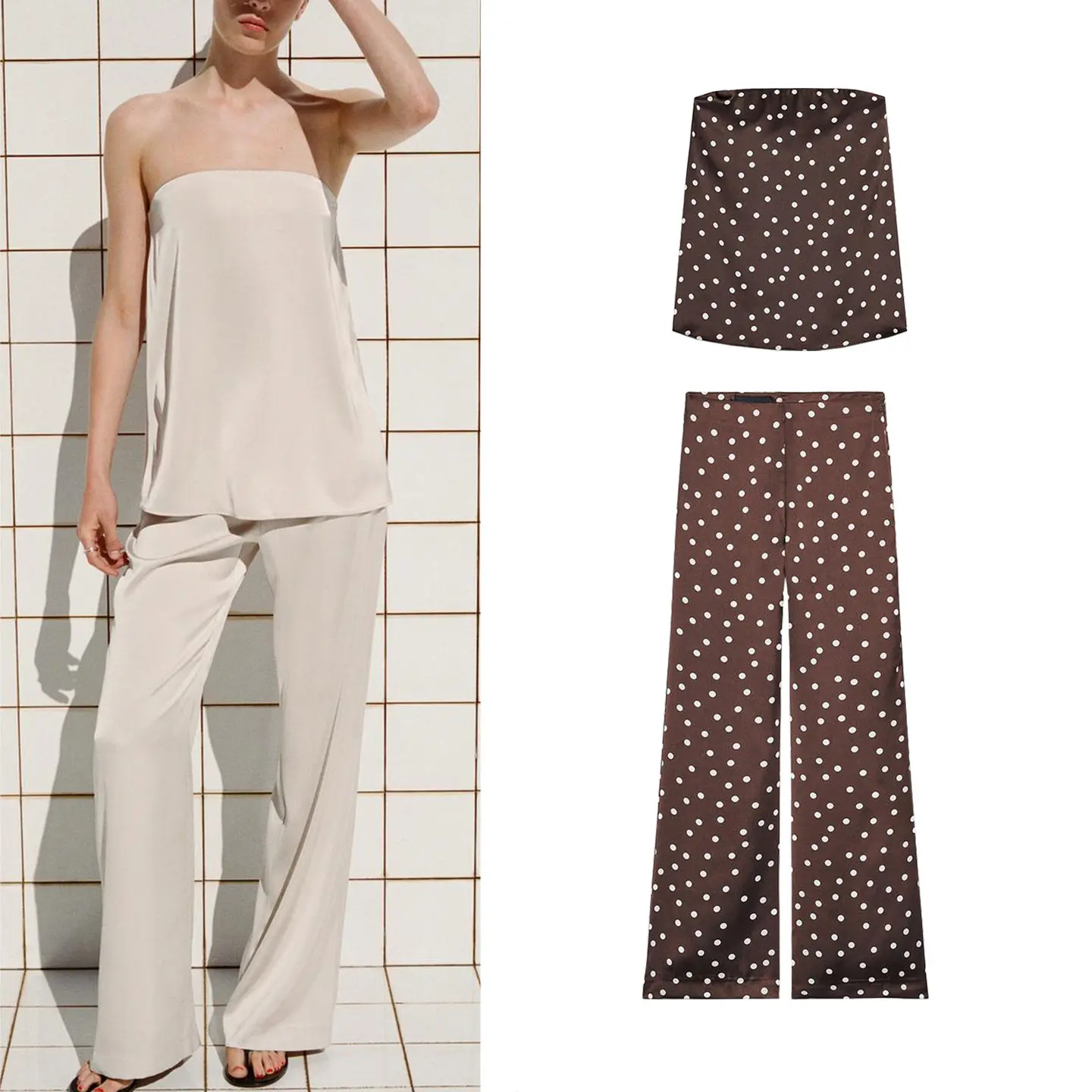 Comfortable Silk Satin Shoulder Bared Straight Collar Top with High Waist Pants Women's Fashion Set Short Sleeve round Neck