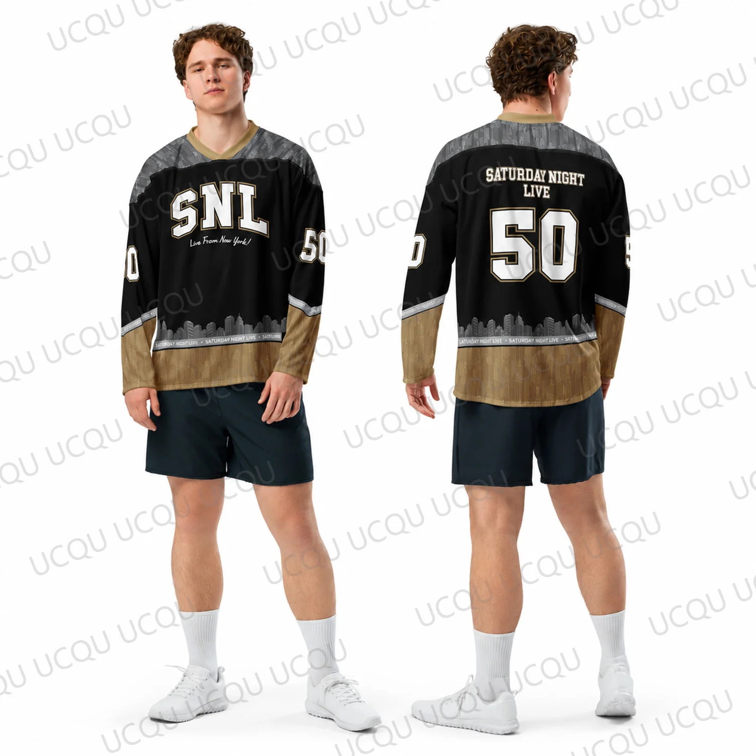Saturday Night Live SNL 50 Hockey Jersey Black Gold Long Sleeve TV Show Fan Shirt Men Women Streetwear Gift