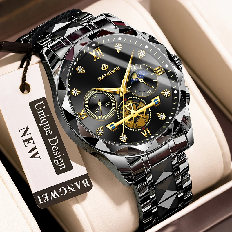

BNAGWEI Fashion Black Gold Watch Men Casual Sports Waterproof Men's Quartz Wristwatches Stainless Steel Moon Phase Chronograph