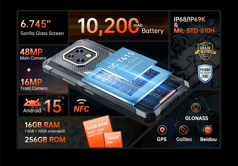 Cubot Rugged Smartphone Android 15 King Kong ES 3, 10200mAh Battery, Up to 16GB+256GB, 6.745" Screen, 120Hz,48MP Camera, NFC,GPS