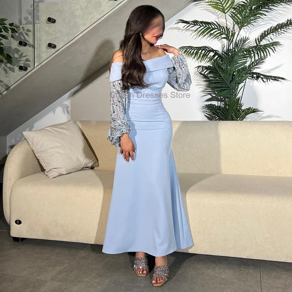 Sky Blue Off the Shoulder Jersey Evening Dress Saudi Arabia Straight Boat Neck Beading Long Sleeves Prom Gowns Vestido De Festa