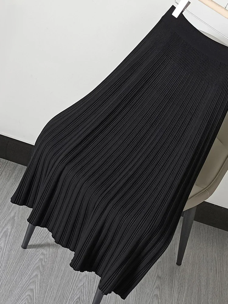 Women's Stretchy Knitted Midi Long Skirts Elastic High Waist Black No Pilling shirring Pleated Skirts 2023 Autumn Winter K209