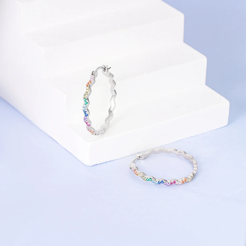 925 Sterling Silver Wave Pattern Large Earrings Women Zirconium Colorful Hoop Earring For Anniversary Wedding Jewelry Gifts