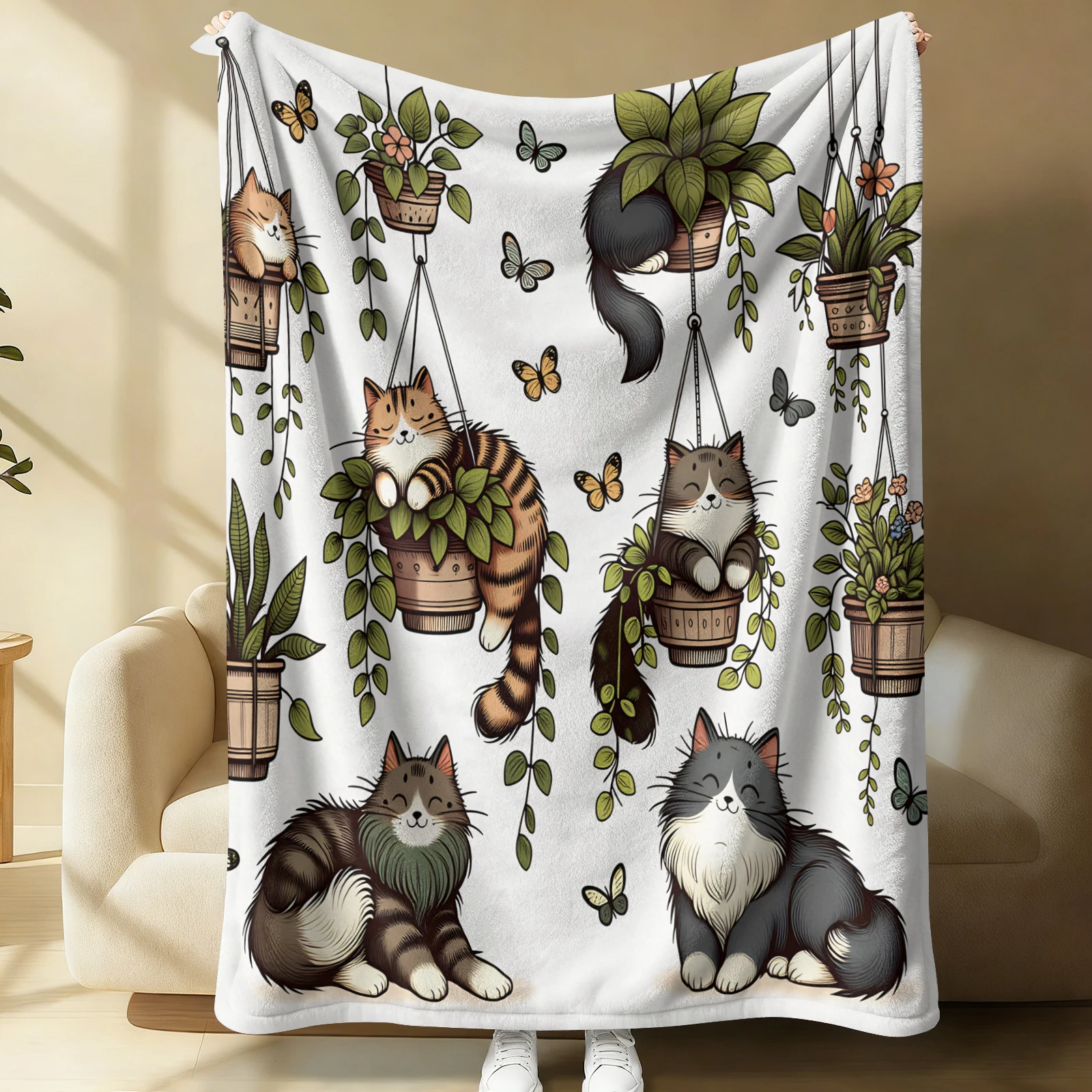 : Cottagecore Lazy Cat Trailing Potted Plant Full Print Throw Blanket White Base Fresh Botanical Kitten Flannel Blanket