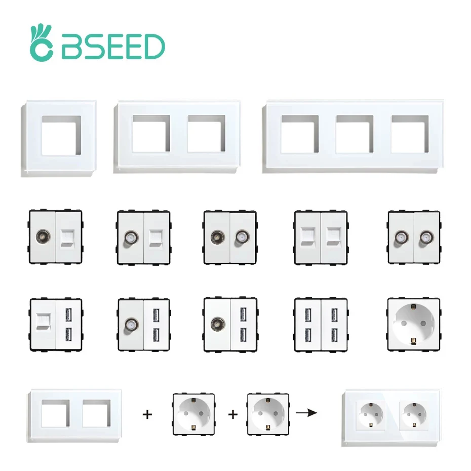 BSEED EU Standardowe ue gniazdo USB RJ45 Internet telewizja części funkcyjne do ściany gniazdko elektryczne tylko szklanym panelem — zdjęcie 2