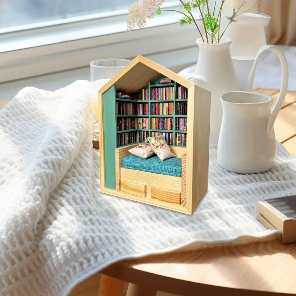 Solid Wood Bookroom Figurine Wooden Miniature Book Nook Decoration for Book Lovers Mini Bookroom Figurine Ornament Shake Away