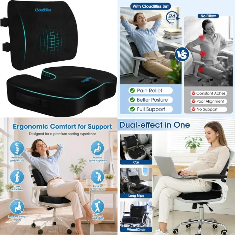 

Lumbar Support Pillow Seat Cushion Set for Office Chair, Desk Chair, Wheelchair Car Memory Foam Back Support, Ergonomic Chair C