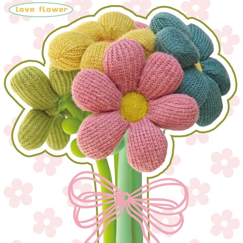 10PCS Factory Direct Sales Retro Wool Knitted Flower Neutral Pen Hand-crocheted Three-dimensional Sunflower Shape High-value Pen