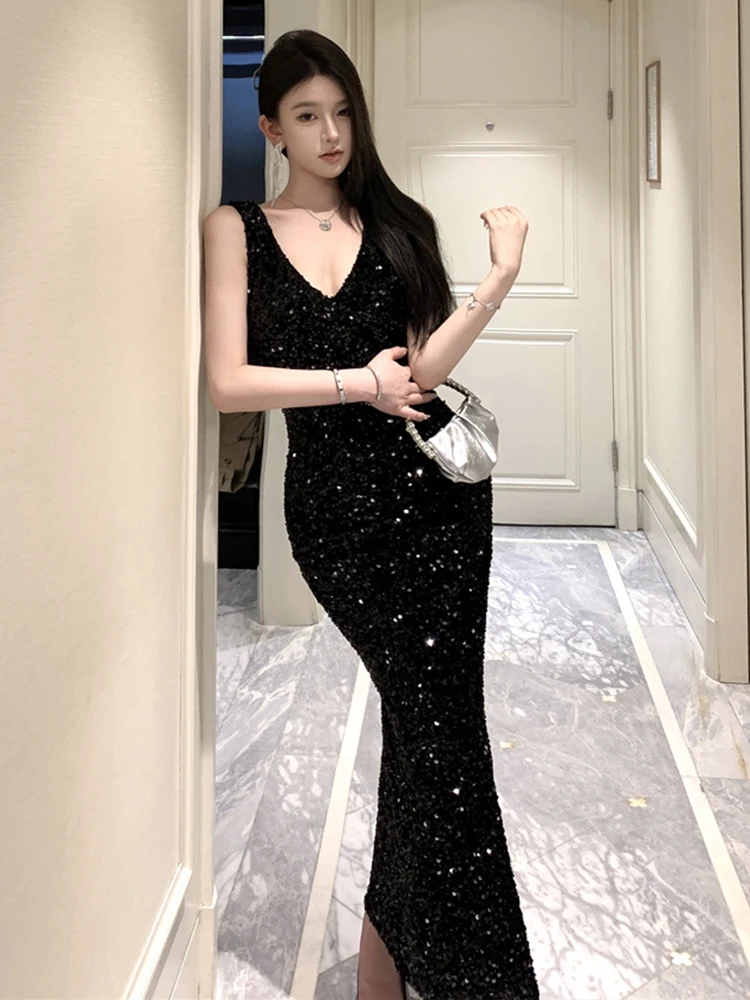 Neue Frauen Weiß Pailletten Ärmelloses V-ausschnitt Bodycon Fischschwanz Kleid Shiny Party Formale Abendkleid Schlank Sexy Dame Robe Vestido Mode