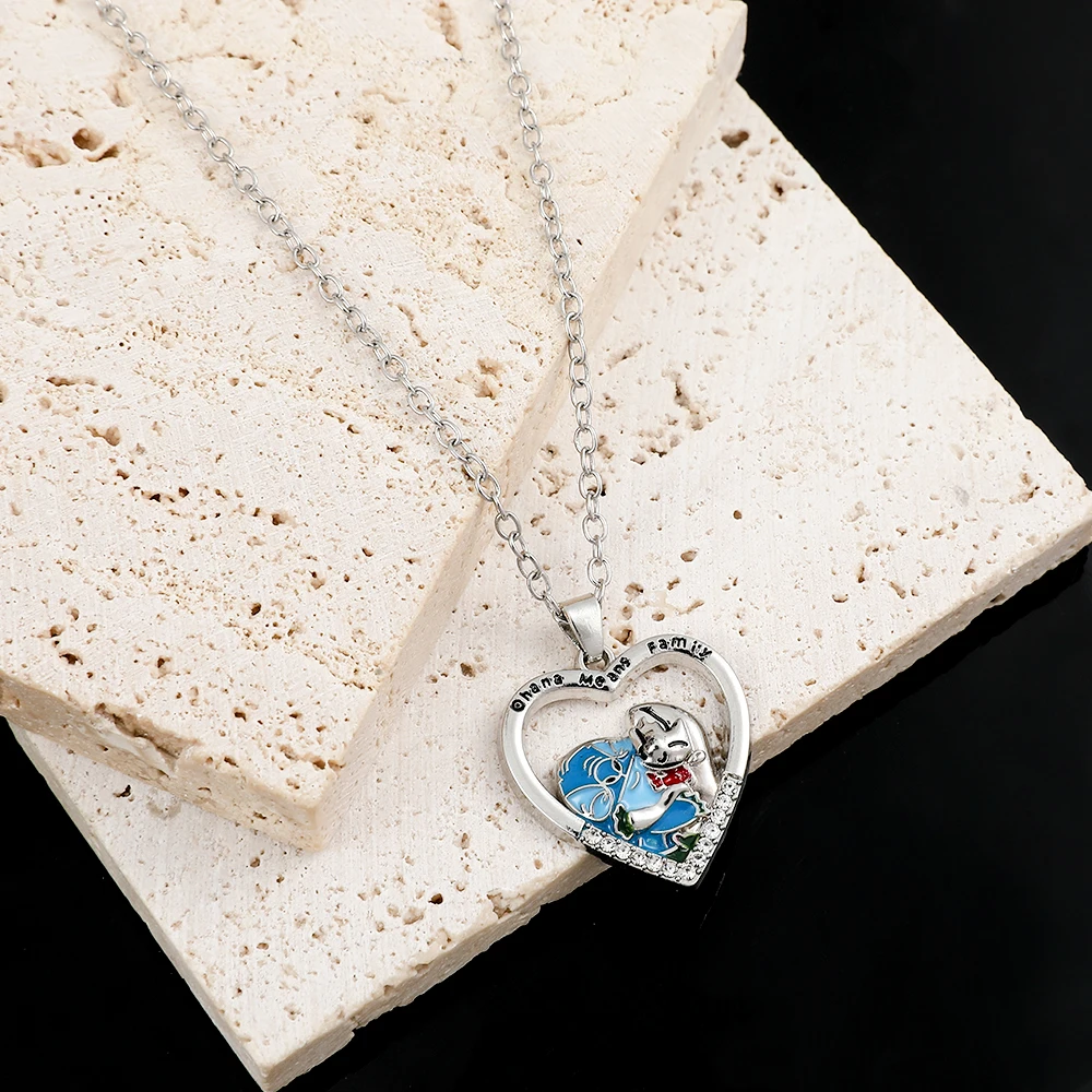 Disney Lilo & Stitch Necklace Kawaii Anime Silver Plated Heart Pendant Inspiration Girl Gift Jewelry