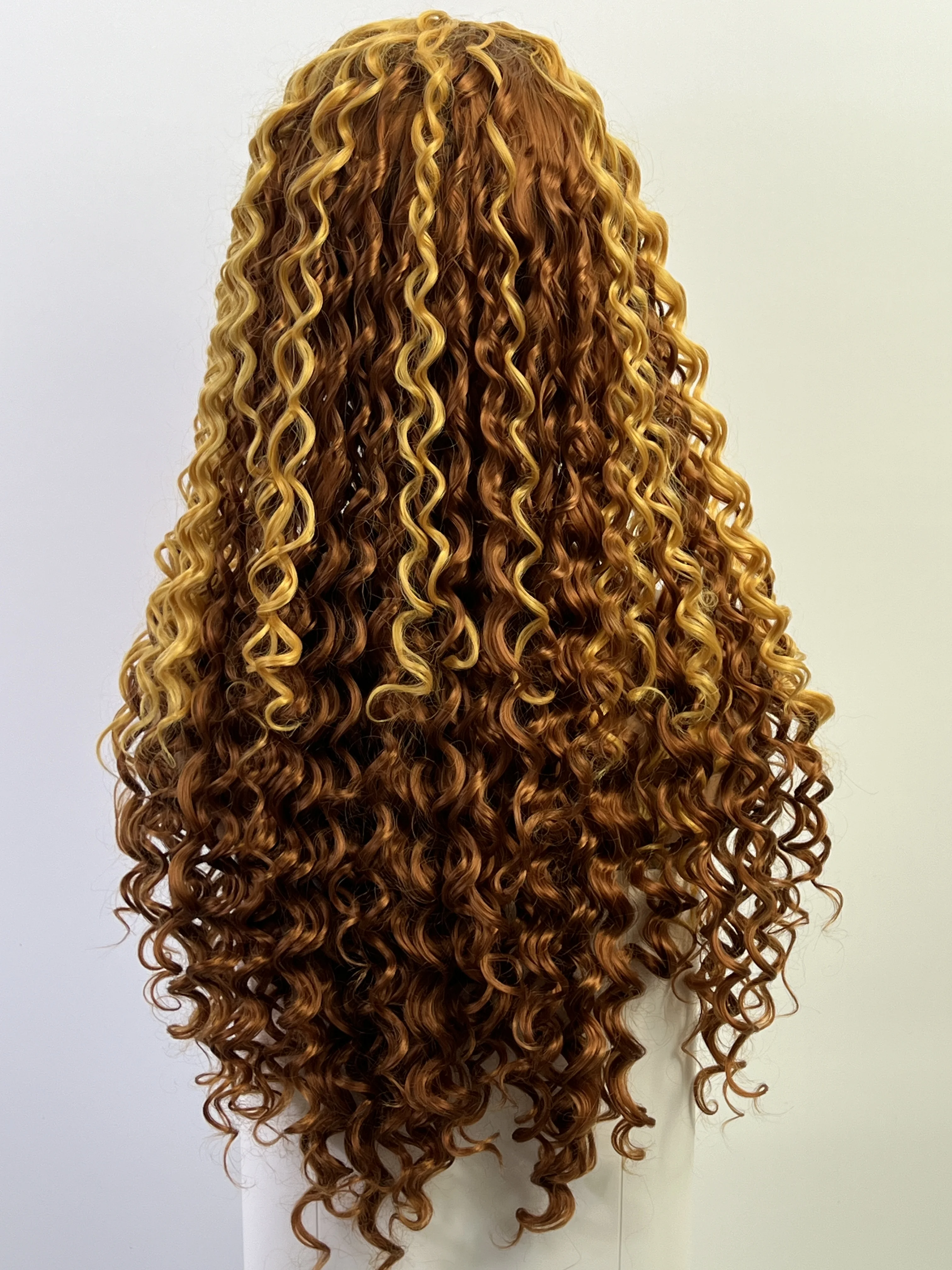 Yellow And Brown Synthetic Lace Front Wig Long Curly Hair Suitable For Women Role Playing Wave Wig Natural Hair Line 180 Density