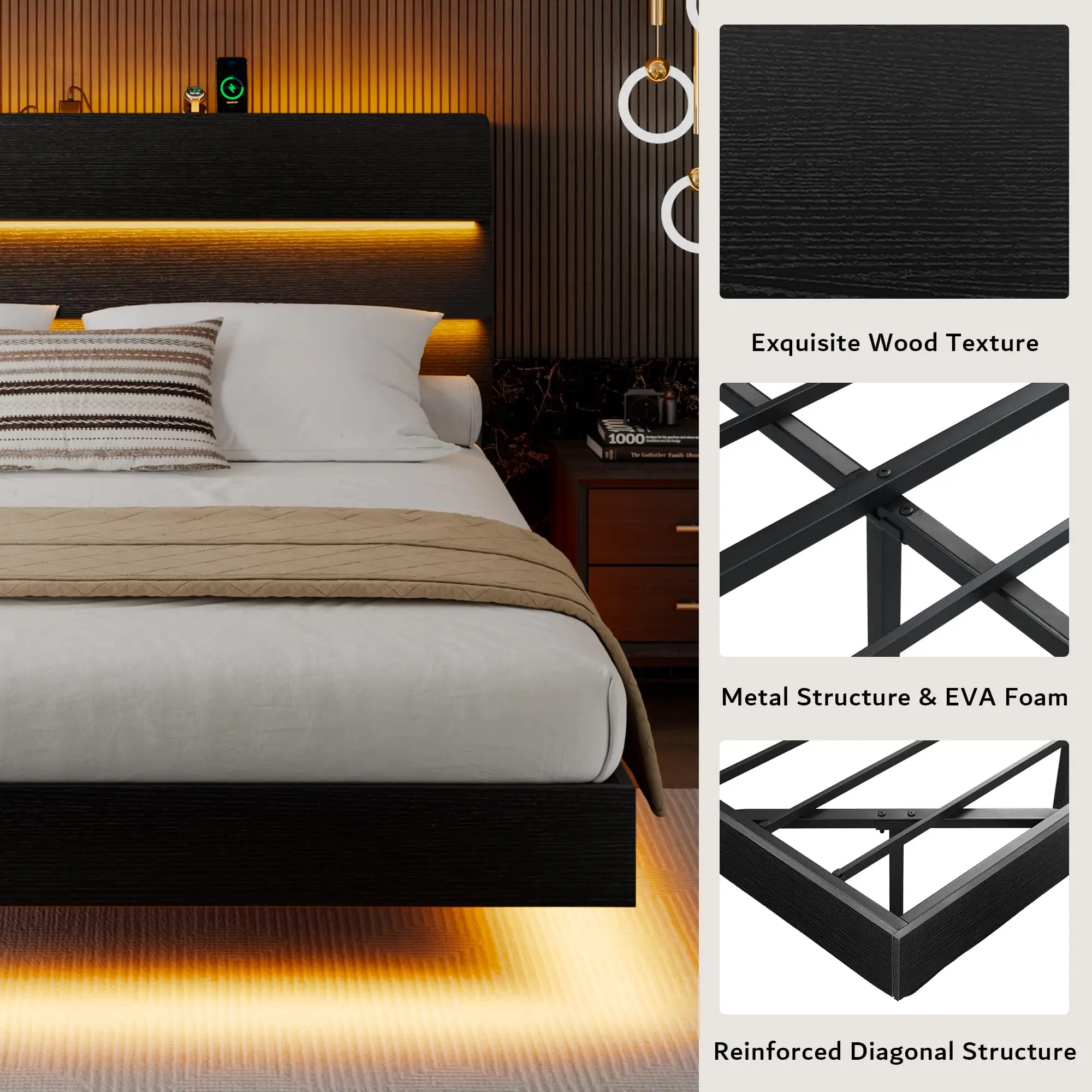 Queen Floating Bed Frame with LED Lights & Charging Station, Platform Bed with Wooden Storage Headboard, Steel Slats image 6