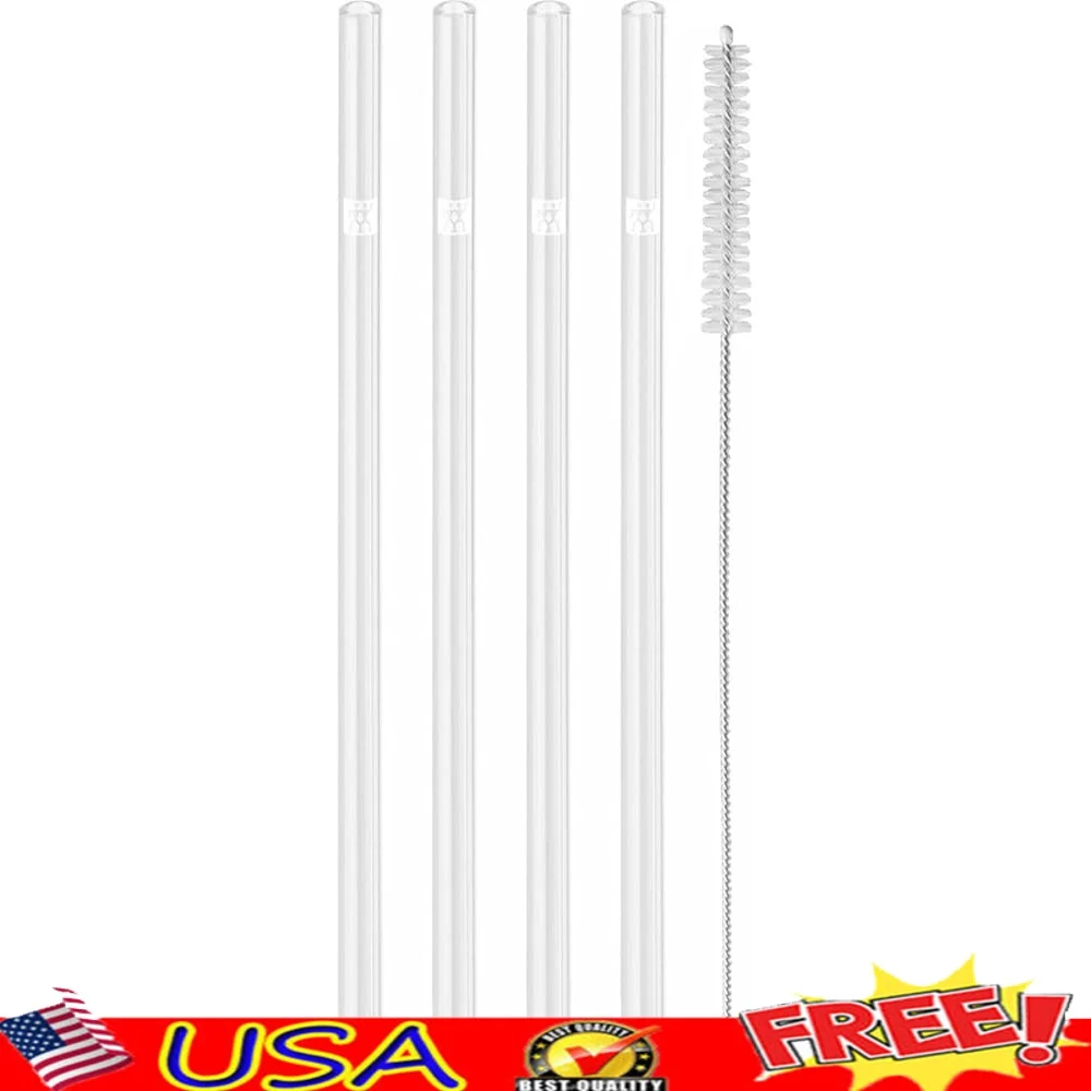 

5-Piece Clear Glass Straw Set with Cleaning Brush Eco-Friendly Reusable Durable Hot Cold Beverages Heavy Wall Thickness