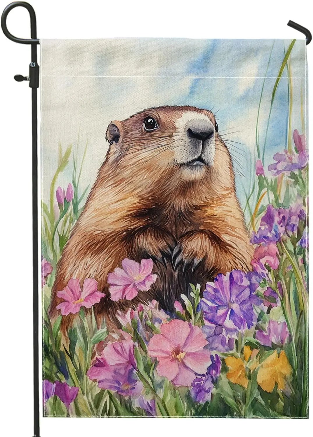 Spring Summer Floral Garden Flag, Colorful Groundhog with Flowers Outdoor Decor, Double Sided Burlap Yard Flag for Home Deco PPZ