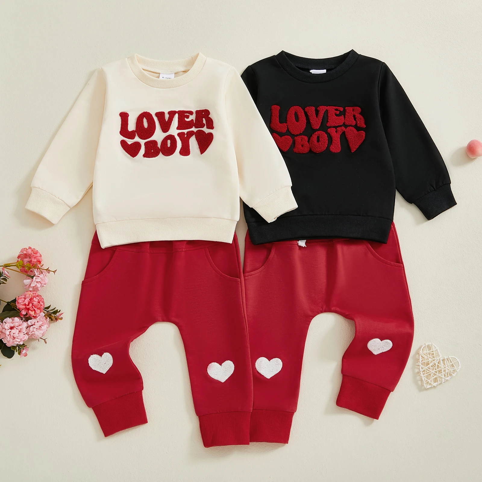 Baby Boy Valentine’s Day Outfits Long Sleeve Sweatshirt Tops Heart Embroidery Pants Set Toddler Boys Clothes Costume