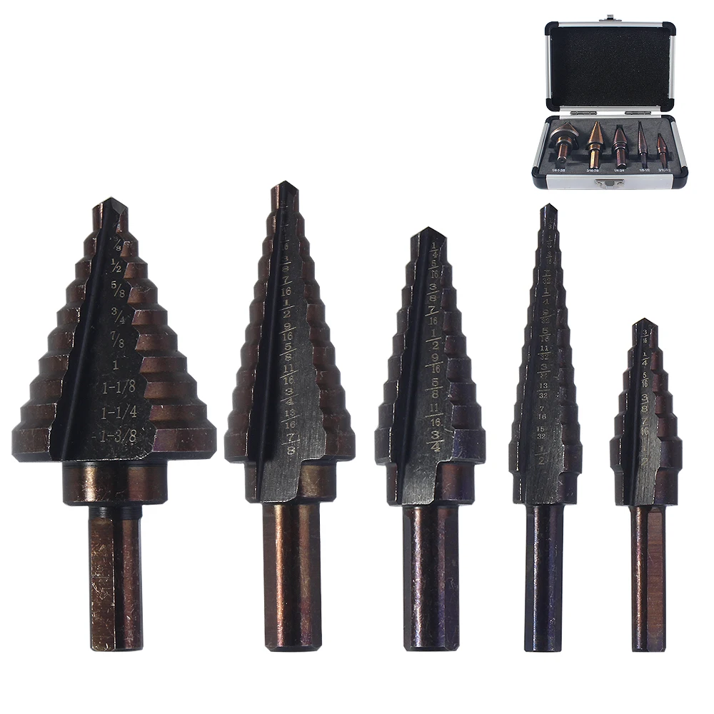 5pcs Metric/Inch Hss Cobalt Step Drill Bit Set Multiple Hole 50 Sizes with Aluminum Case