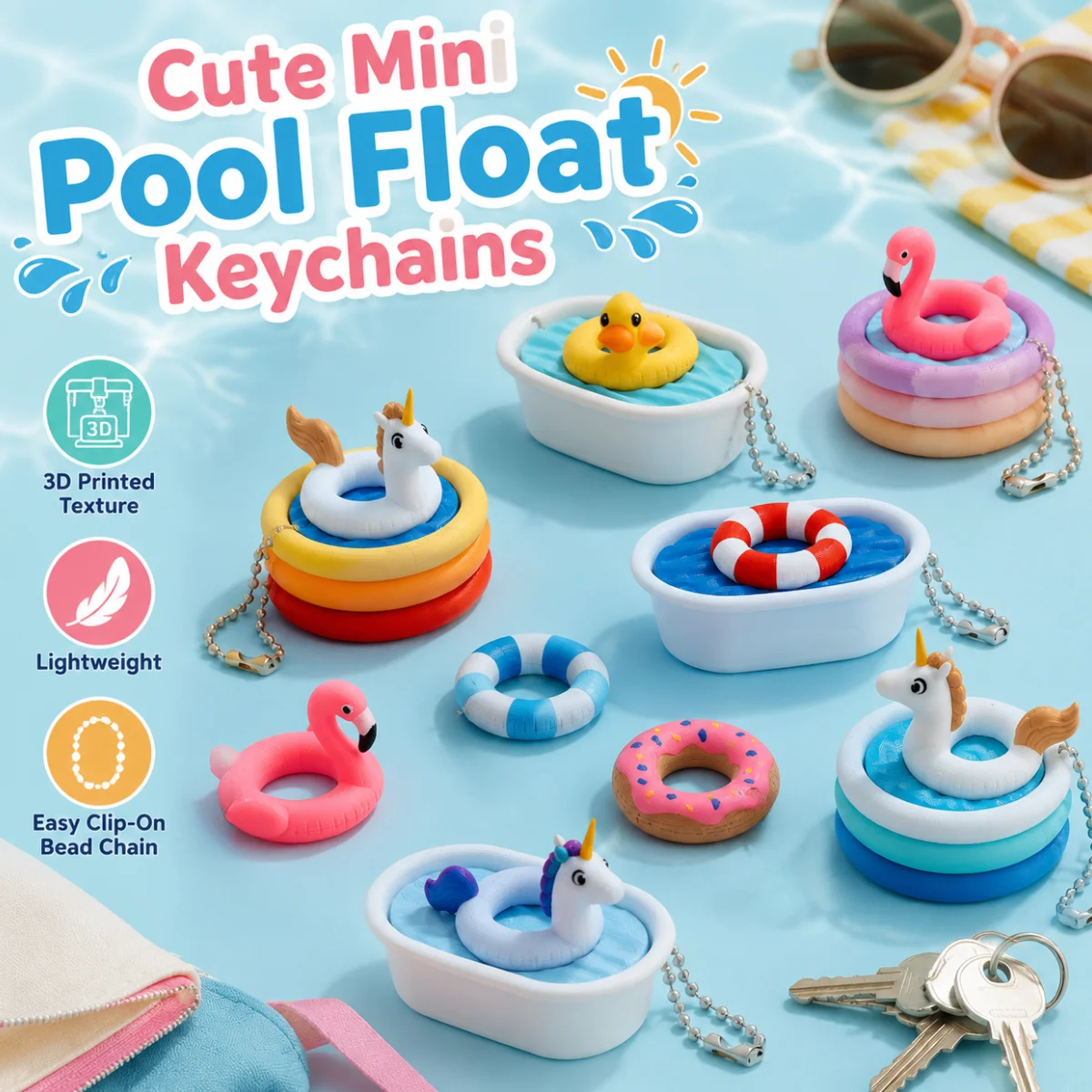 1pc Mini Pool Float Fidget Charm, Eco-Friendly PLA 3D Printed Summer Swim Ring Tactile Decompression Backpack Decor Keychain