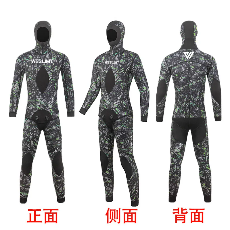 Custom 3/5MM Camouflage Split Wetsuit, Men's Hooded Warm Fishing Suit, Freediving Surfing Wetsuit