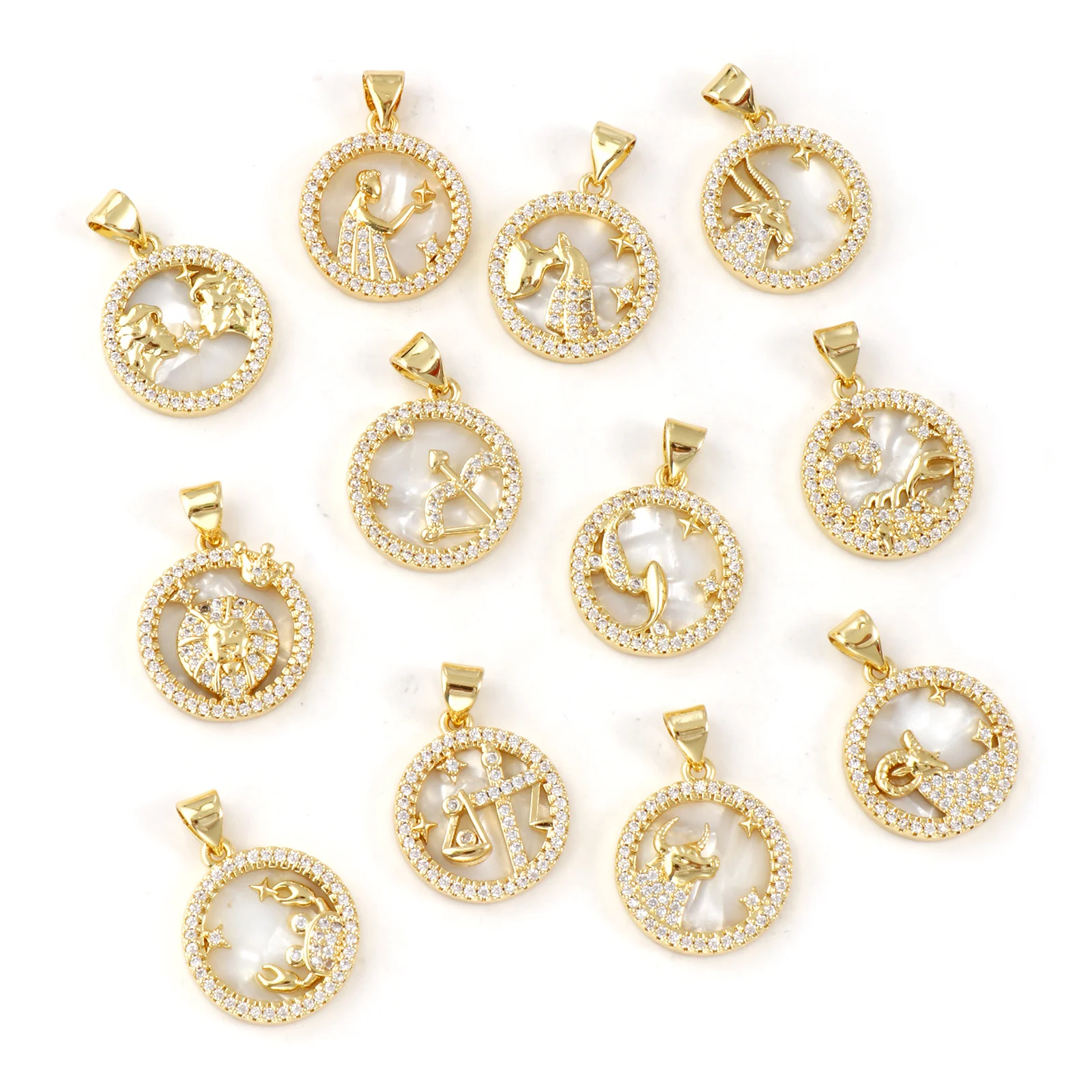 1 Piece Brass Constellation Pendant White Round Zodiac Micro Pave Clear Cubic Zirconia Charm for keychain Necklace 24mm x 17mm