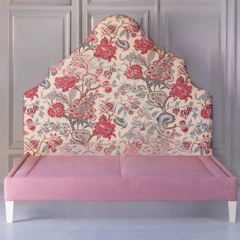 Pink printed double bed/retro solid wood princess bed/master bedroom bed
