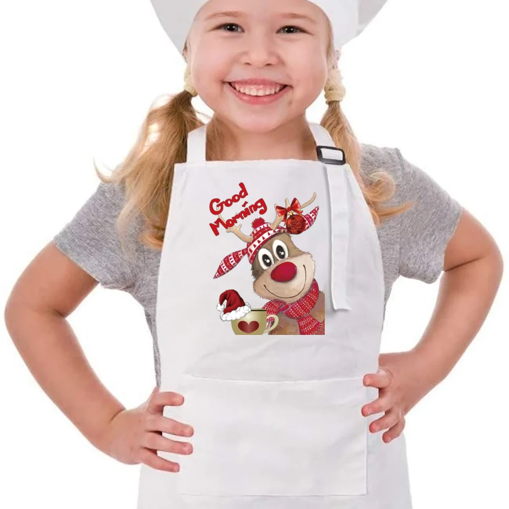 Merry Christmas Deer Print Baking Children\'s Apron Xmas Kids Baking Apron Mini Chef Gift for Child Christmas White Bakers Apron