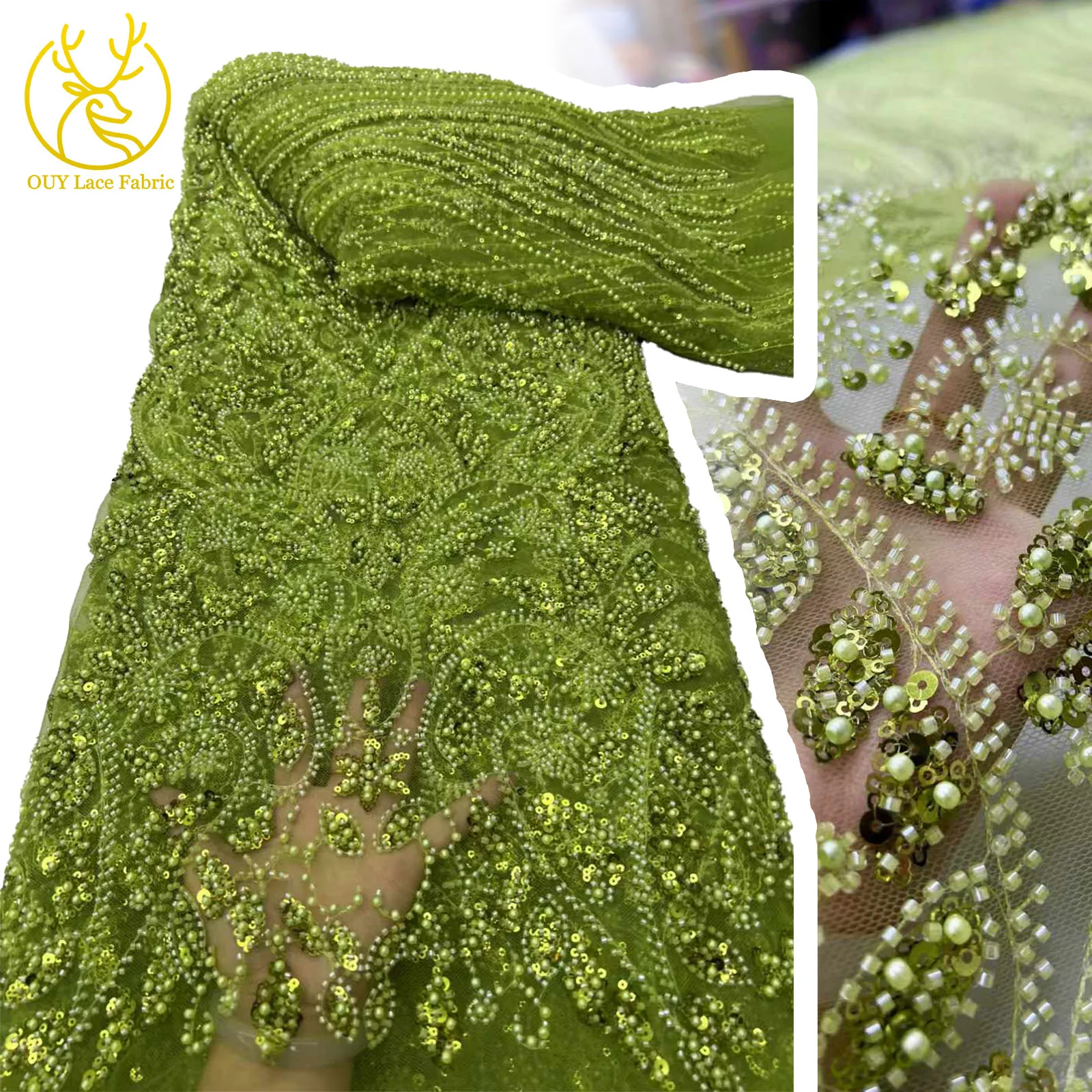 

Green African Beaded Tulle Lace Fabric 2025 High Quality Luxury French Nigerian Sequins Mesh Tulle Lace for Party Dress Sewing