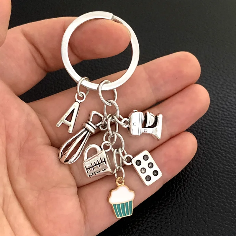 A-Z Letter Dessert Keychain Baking Key Ring Cake Egg Beater Blender Measuring Cup Moulds Key Chain For Dessert Chef Gift Jewelry