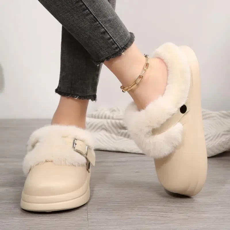 Wasserdichte EVA-Clogs mit dicker Sohle und Fellbesatz für Damen, Winter 2026, mit Metallschnalle, flauschige Outdoor-Hausschuhe, warme Plüsch-Pantoffeln für Frauen – Detail 13