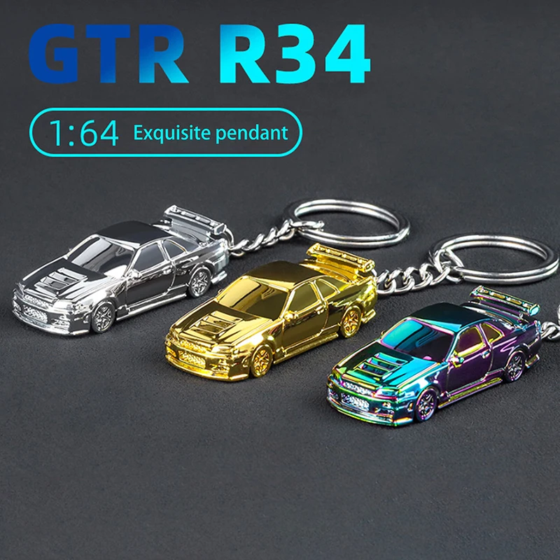 1:64 Scale GTR-R34 RS7 Car Model Toys Car Chain Metal Diecast Keyring Electroplating Painting Keychains Boys Gifts For Friends