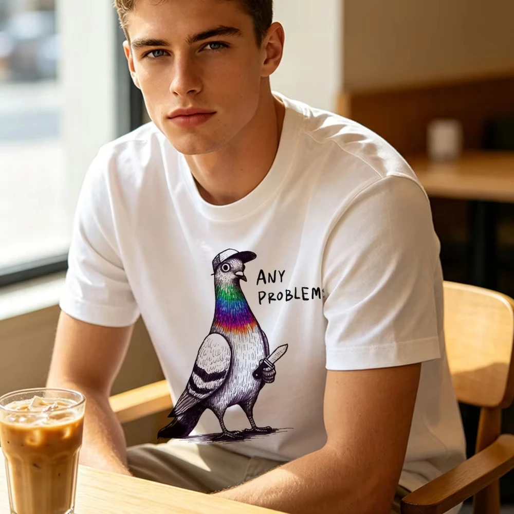 Sarcastic Any Problem Funny Pigeon Wearing Baseball Cap And Holding Knife Men White T Shirt Edgy Meme Streetwear Graphic Tee