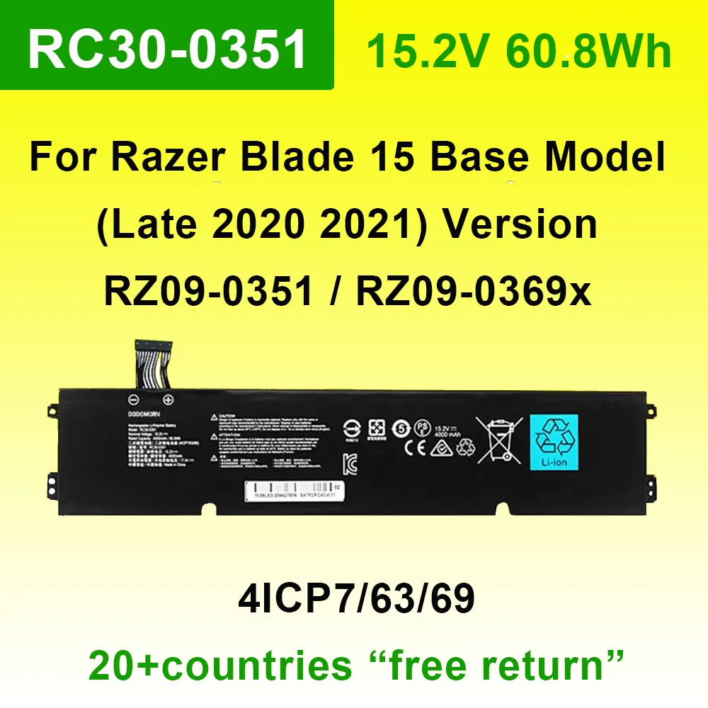 RC30-0351 Laptop Battery For Razer BIade 15 Base Model (Late 2020 2021) Series RZ09-0351 RZ09-0369x 15.2V 60.8Wh4ICP7/63/69