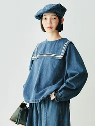 imakokoni Japanese pure cotton washed denim 2024 autumn loose navy collar long sleeved shirt for women 244749