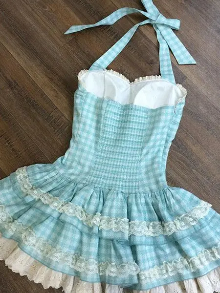 Vestido F de Verão 2025 com Laço Borboleta Azul Xadrez, Alças Finas, Cintura Alta, Saia Curta em Camadas, Vestido de P...