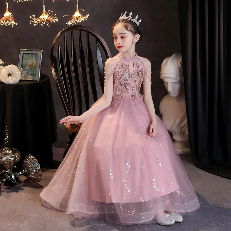 Beaded Kids Dresses For Party Wedding Dress Sequins embroidery Teen Children Pageant Gown baby Girls PrincessTulle Dress