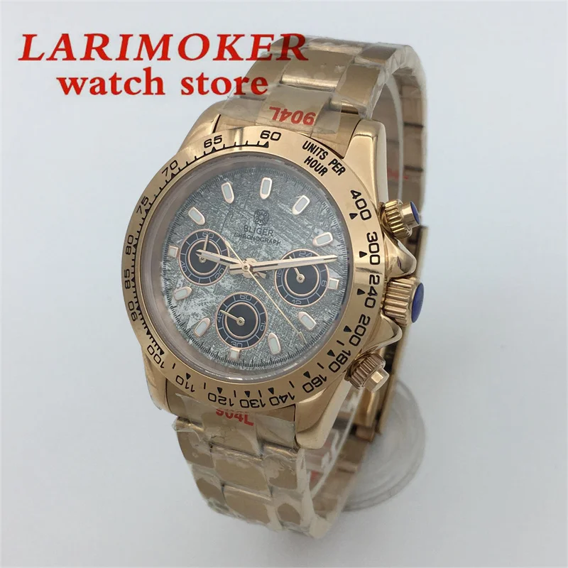 นาฬิกาควอตซ์โครโนกราฟ39มม. แฟชั่นหรูสำหรับผู้ชายนาฬิกาเหล็กทองคำสีกุหลาบหน้าปัดสีเทาคริสตัลแซฟไฟร์เคลื่อนไหว VK63