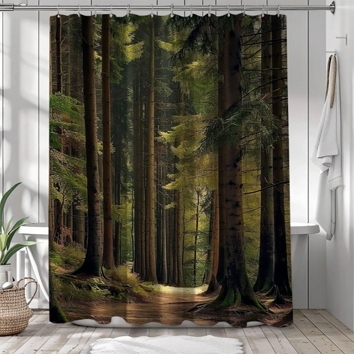 1 pc forest pattern polyester material shower curtain waterproof fabric, thickened anti mold partition curtain for bathroom,