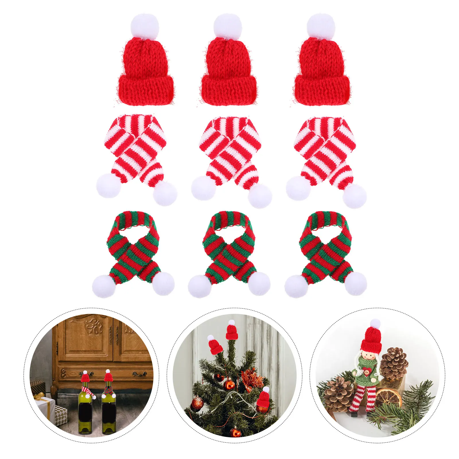 

12 Pcs Christmas Knit Hats Scarves 5x7cm Yarn Caps 2x22cm Striped Scarves for Bottles Party Photo Props Bottle Cover Decor