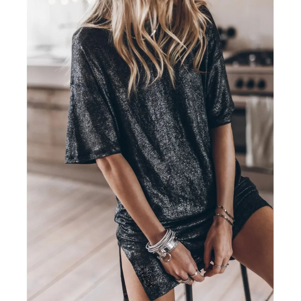 Fashion O Neck Short Sleeve Split Hem Lovely Dresses Women Loose Shiny T-shirt Dress Vestidos Summer Female Streetwear Outfits