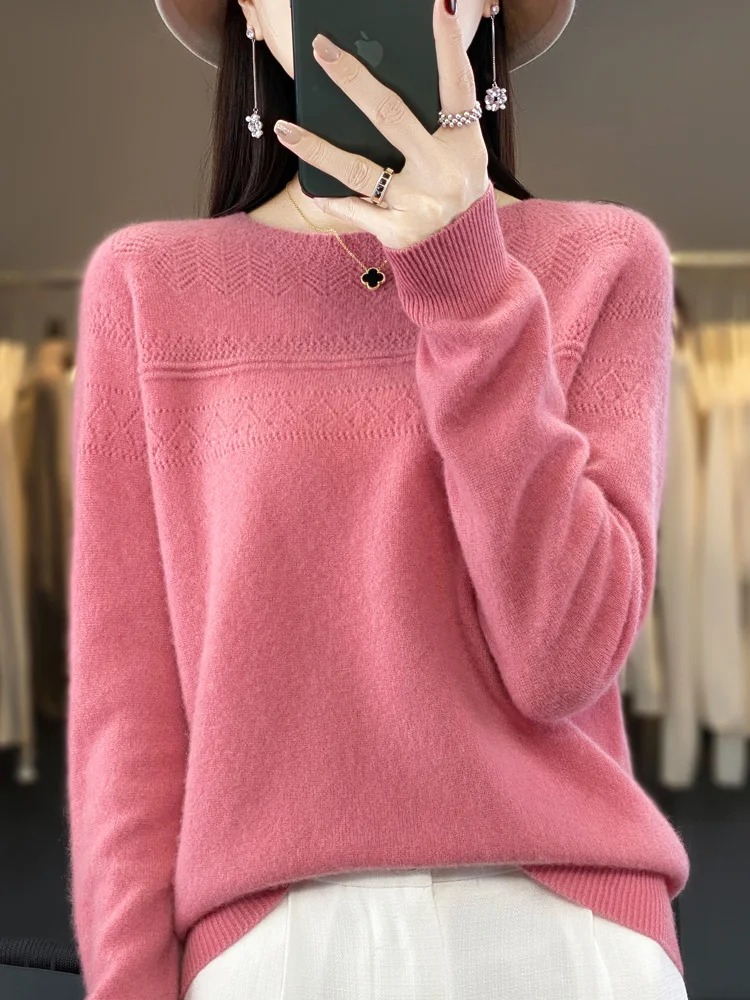 Autumn Winter Women Wool Sweater 100% Merino Wool Pullovers O-neck Hollow Long Sleeves Female Casual Cashmere Knitwear Korean