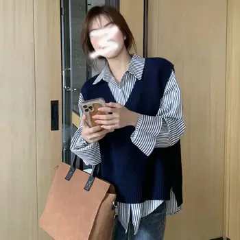Women's spring and autumn 2024 Korean style French striped long-sleeved shirt + stylish v-neck knitted sweater vest two-piece set