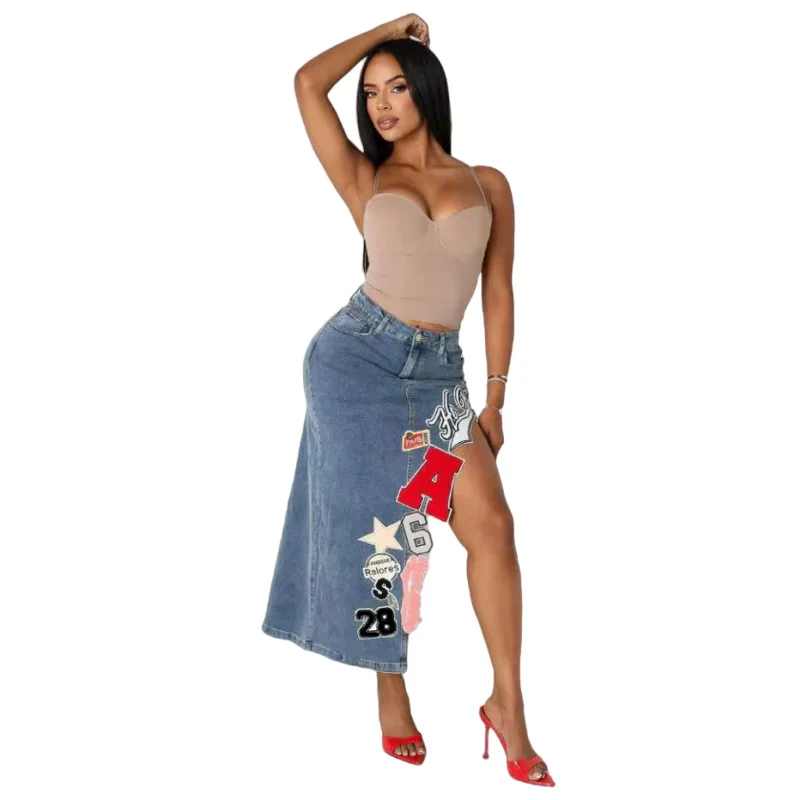 2026 Women Embroidery Denim Skirts High Slit Jean Skirt Ankle Lenth H Line Mid Waist Zipper Slim Elegant Casual Spring Summer