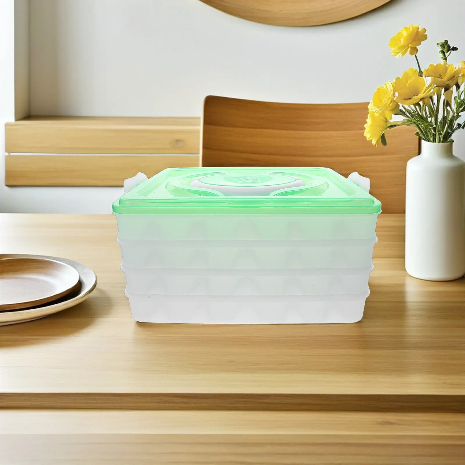 Green Dumpling Storage Box Four Layers Stackable Container Handle Portable Organizer Camping Home Use Non-Stick Separated