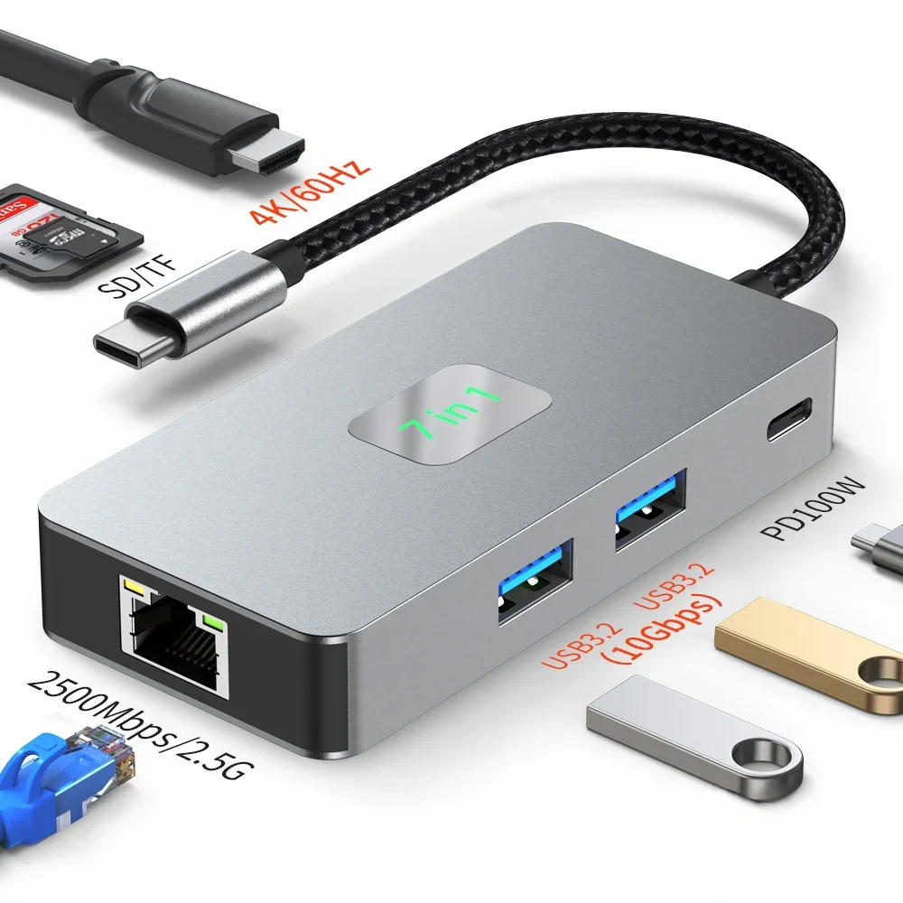 Station d'accueil USB-C Hub Gigabit LAN 2.5G, type-c vers USB 3.2 4K60 HZ, séparateur Ethernet RJ45, lecteur de carte SD/TF PD 100W pour ordinateur portable