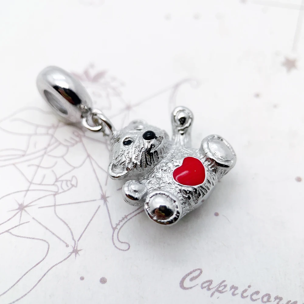 Authentic 925 Sterling Silver Teddy Bear Red Heart Charm Pendant Cute Gift For Women Fits Charms Bracelet Necklace DIY Jewelry