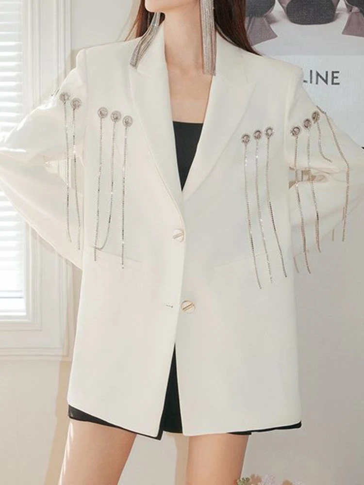 Yermora strass borla elegante blazer para mulheres lapela manga longa solto ajuste jaqueta moda maré primavera outono 2024 novo a70