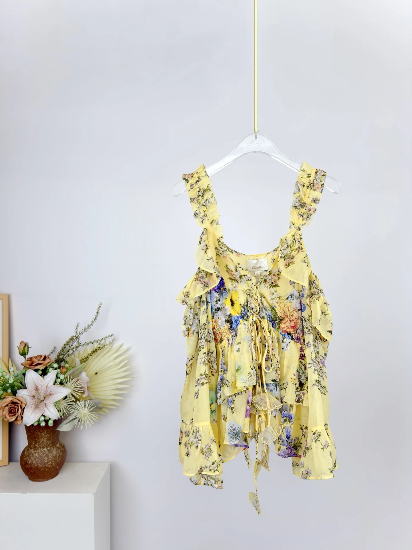 Summer Fashion Beach Style Spaghetti Strap Floral Print Tops Women's Sexy Strapless Deep V-Neck Flounces Sleeve Lace-Up Tops