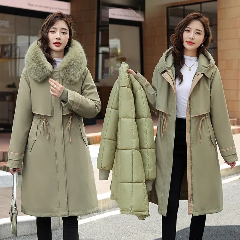 

Women's Parkas Big Fur Collar Medium Long Styles Detachable Spliced Pockets Cotton Coat Hooded Slimming Thickened Women Clothing