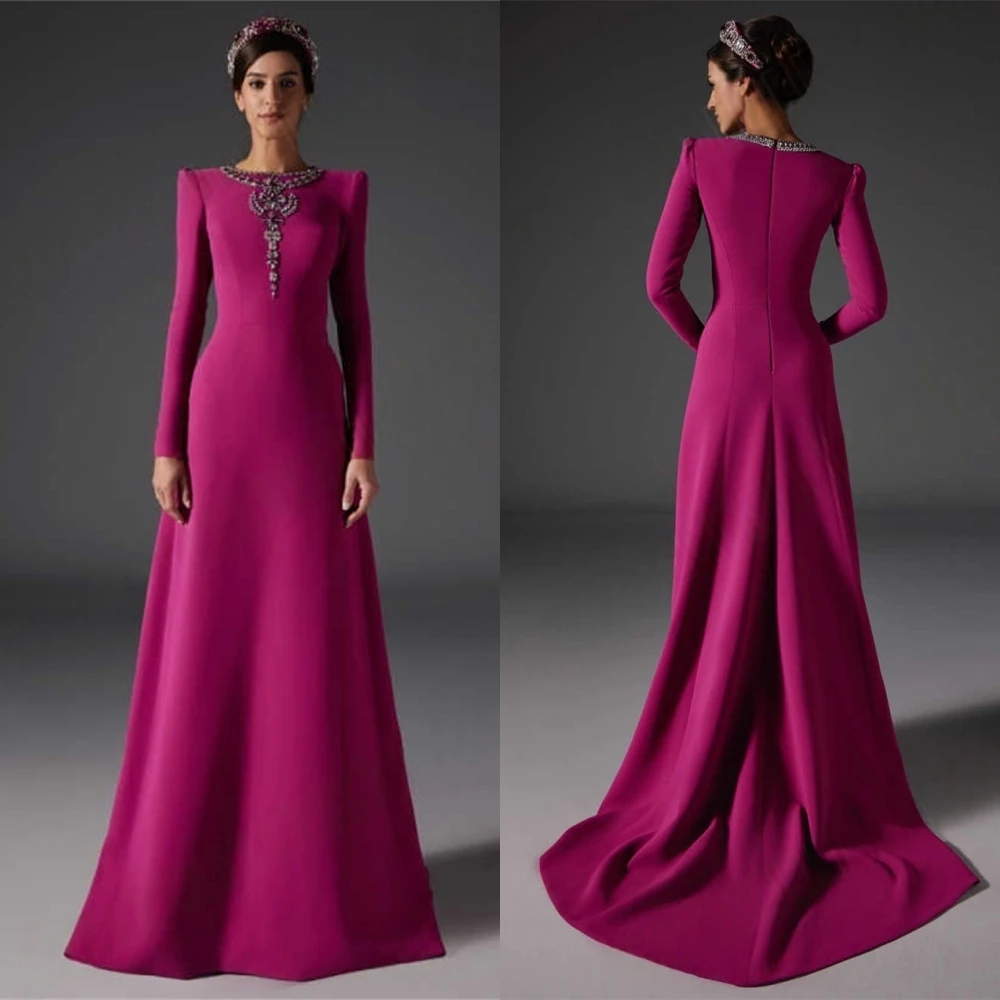 Robe de soirée en jersey rose, personnalisée, de haute qualité, col rond, manches longues, robe de Cocktail, classique, fermeture éclair au dos, robe de soirée